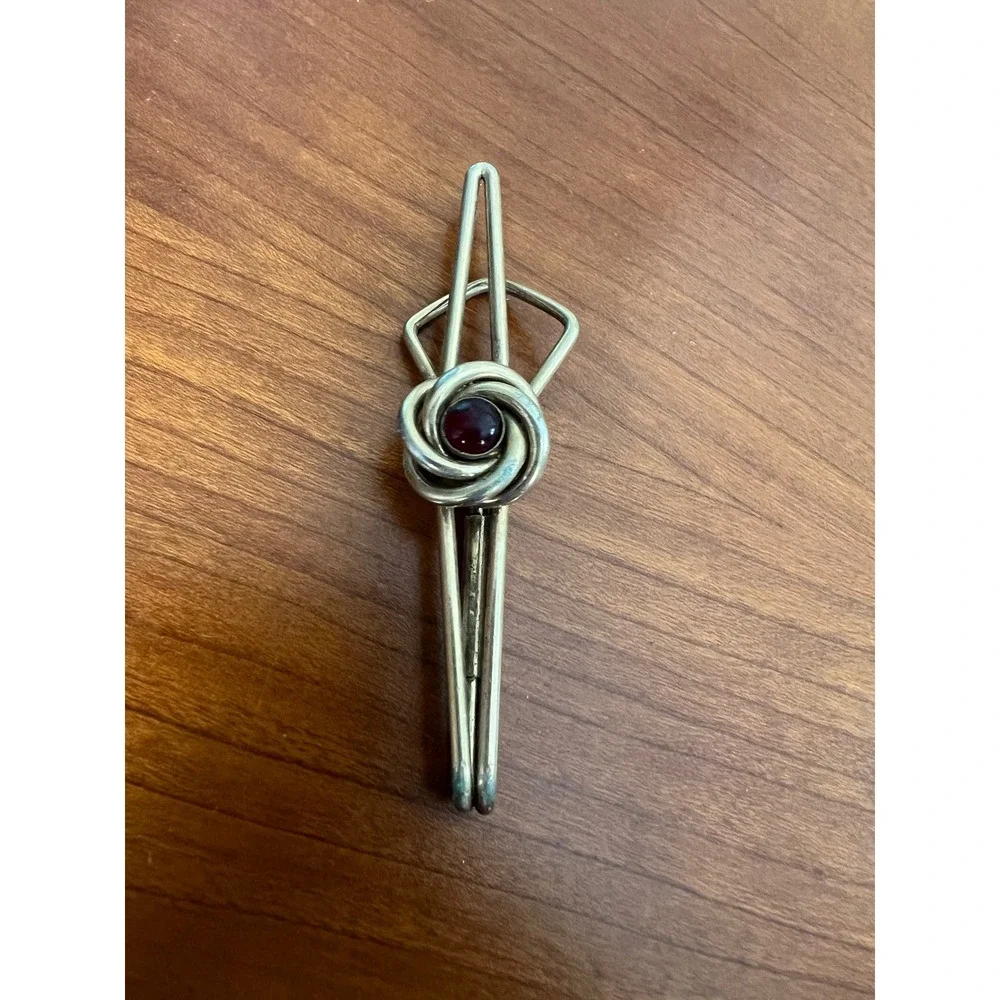 Vintage Swank Gold Tone Tie Clip Red Faux Garnet Cabochon Mid Century Modern Men